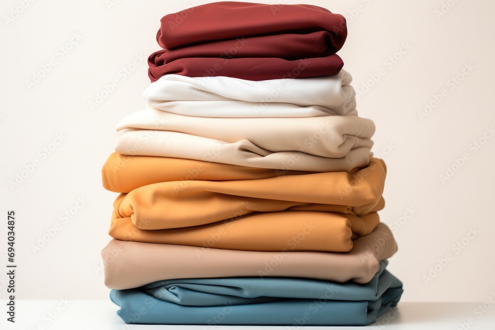Poster stack of clean clothes, clean laundry isolated on white background, minimal style. generative ai.
