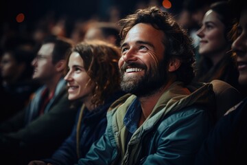 A diverse crowd gathered in the dark, smiling and dressed in various styles, their human faces illuminated by the stage lights as they eagerly awaited the music at the concert