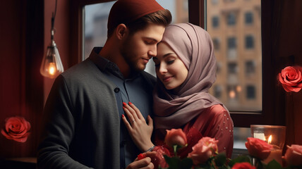 Young muslim couple in love kissing and hugging near the window. - obrazy, fototapety, plakaty