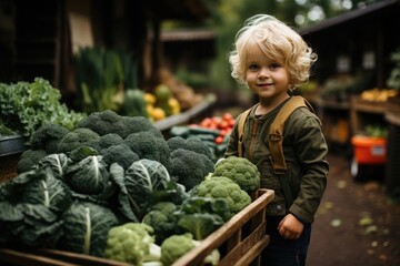 A young child stands proudly next to a vibrant crate of fresh, local vegetables, showcasing the...