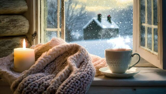 Atmosphere holiday festive a creating, cottage countryside English an in window a near blanket knitted a and mug coffee or tea of cup warm a home cozy and calm evening, holidays winter