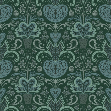 Seamless pattern, ornament for Valentine's Day, sketch in gray-green tones. Digital illustration. Accessories for interior design, wallpaper, fabrics, clothing, stationery.