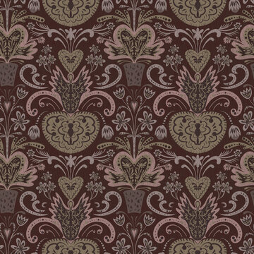 Seamless pattern, ornament for Valentine's Day, sketch in gray and burgundy tones. Digital illustration. Accessories for interior design, wallpaper, fabrics, clothing, stationery.