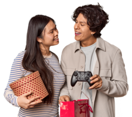 Latino man receives game controller from Chinese woman