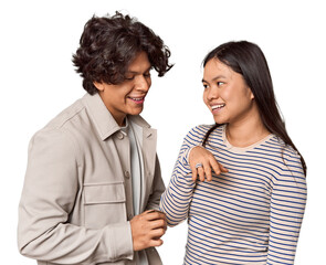 Latino man proposing to Chinese woman, Valentine's theme