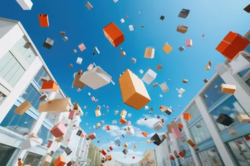  Many shopping bags fall from the sky. Generative AI. © visoot