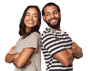 Young Latin couple laughing back-to-back, studio