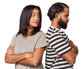 Young Latin man apologizing, couple back-to-back, studio