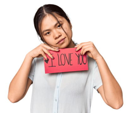 Young Chinese woman with I Love You Valentine's sign