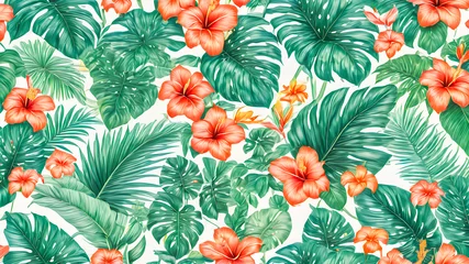 Poster Im Rahmen Seamless pattern with tropical leaves and hibiscus flowers © wannasak