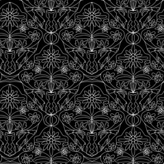 Seamless pattern, ornament for Valentine's day, sketch in black and white colors on a black background. Digital illustration. Accessories for interior design, wallpaper, fabrics, clothing, stationery.