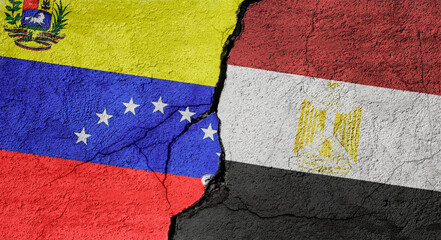 Venezuela and Egypt flags on a stone wall with a crack, illustration of the concept of a global crisis in political and economic relations
