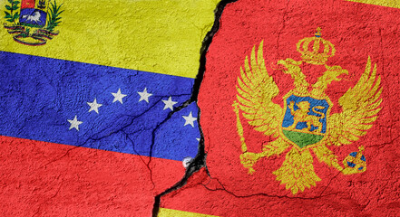 Venezuela and Montenegro flags on a stone wall with a crack, illustration of the concept of a global crisis in political and economic relations