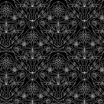 Seamless pattern, ornament for Valentine's day, sketch in black and white colors on a black background. Digital illustration. Accessories for interior design, wallpaper, fabrics, clothing, stationery.
