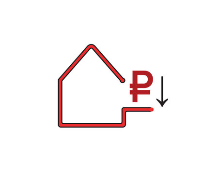 Logo with an image of a house with a wall pushed back and a ruble sign. Vector illustration