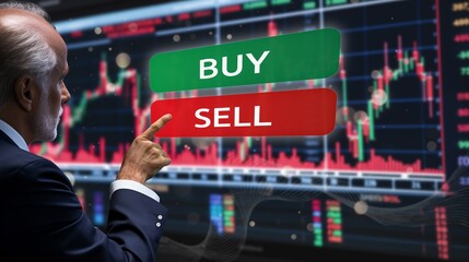 a man in a suit pointing to buy and sell button on the screen full of stock charts and graphs