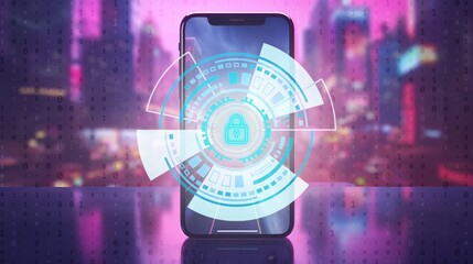a cell phone with a futuristic hologram cybersecurity lock on the screen