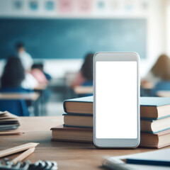 Close up mobile phone white mockup screen on a school desk on a blurred classroom background. ai generative