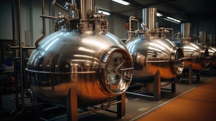 Workshop for the production of small steam-water boilers made of stainless steel. Generative AI.