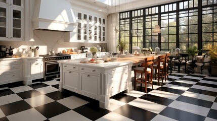 A modern kitchen with a striking black and white checkerboard floor. Generative AI. - obrazy, fototapety, plakaty