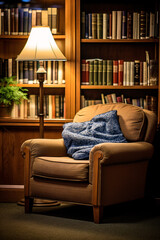 Peaceful Library Scene with Books and Comfortable Reading Nook