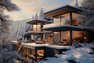 A large modern home with snowy hills. Generative AI.