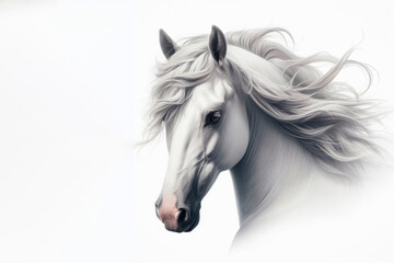 Obraz na płótnie Canvas white horse portrait on white background, panoramic layout. ai generative