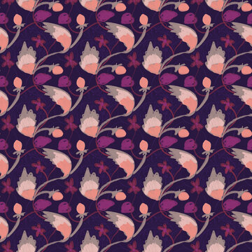 Seamless pattern, ornament with flowers and blackberries on a dark purple background. Small format. Digital illustration. Accessories for interior design, wallpaper, fabrics, clothing, stationery.