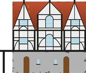 An illustration of a Tudor house with wooden beams