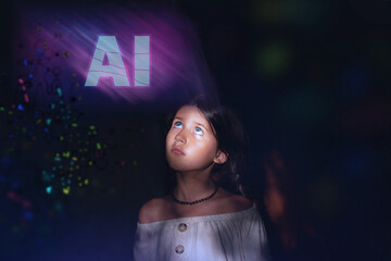 Girl schoolgirl and artificial intelligence, future, hologram, imagination