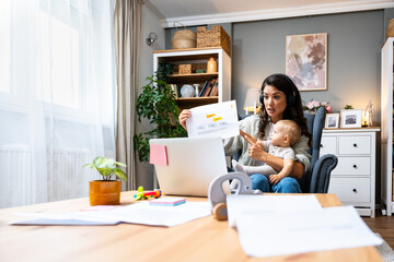 Business woman on maternity leave. Mother with newborn baby working from home using laptop. Female professional work at home office remotely video call conference on computer. - obrazy, fototapety, plakaty