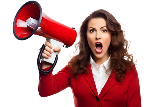 A woman holds a bullhorn or loudspeaker in her hands. Without background