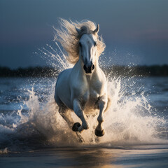 Fototapeta premium A white horse gallops on the water.