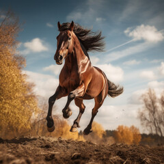 Photograph of a beautiful, perfect, big horse is galloping along the autumn road.