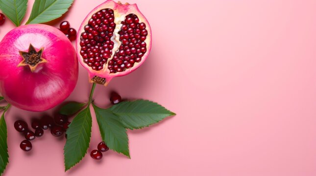 Top view of pomegranates on pink background with copy space.