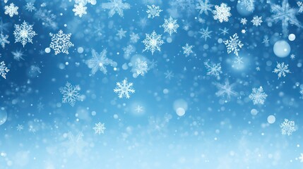 Naklejka na ściany i meble Beautiful snowflakes, lights and bokeh on blue gradient winter background.