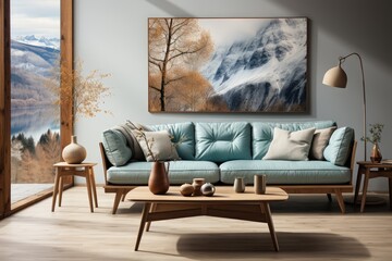 An inviting living room oasis with a plush blue couch and modern coffee table, adorned with vibrant art and cozy accents for ultimate relaxation and style