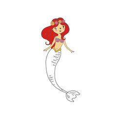 Vector illustration of a cute sea mermaid. Hand drawn for children. Sea Princess
