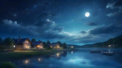 Beautiful night landscape with a cottage on the bank of the river. - obrazy, fototapety, plakaty