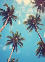 Palm trees sway in a serene tropical setting, the sky-blue canvas framing a tranquil and texture-rich scene.