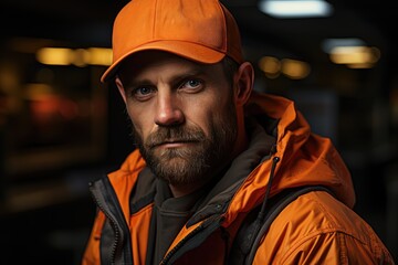 A bearded man with a striking orange hat and jacket stands confidently on a bustling street, his facial hair adding to his rugged appearance as he gazes directly at the camera, exuding a sense of bol