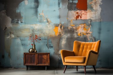 A vibrant painting hangs on the wall above a cozy chair, adding an artistic touch to the otherwise still life of furniture in the indoor room - obrazy, fototapety, plakaty