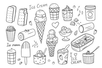 Big set of ice cream in doodle style. Ice cream waffle cones, ice cream bars on sticks. Great for summer dessert menu design, print, web or advertising. Coloring book. Hand drawn