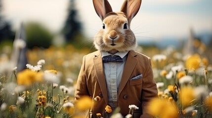 Portrait of a cute bunny wearing suit, on a field with flowers  in spring.