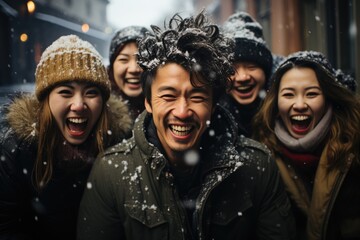 A joyful group of friends dressed in warm jackets, posing and laughing together on a snowy street, their beaming faces radiating pure happiness in the winter wonderland - obrazy, fototapety, plakaty