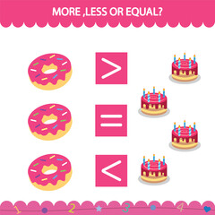 Vector education game for children more less or equal count the amount of cute cartoon sweet
