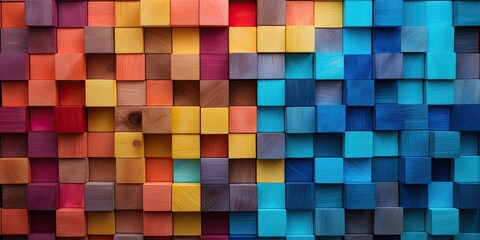 Mosaic of colorful wood blocks in rainbow pattern. Tiles stacked in abstract wallpaper background. 