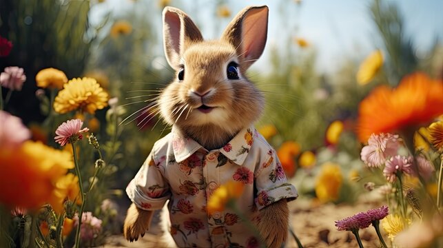 Portrait of a cute bunny wearing hawaiian shirt on field with flowers, Easter spring day concept.