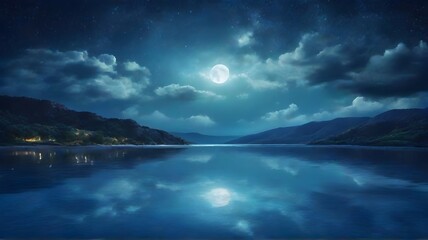 Night landscape with lake and mountains in full moon light, long exposure - obrazy, fototapety, plakaty