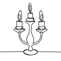 Fototapeta premium Antique candlestick and burning candles one line drawing 
